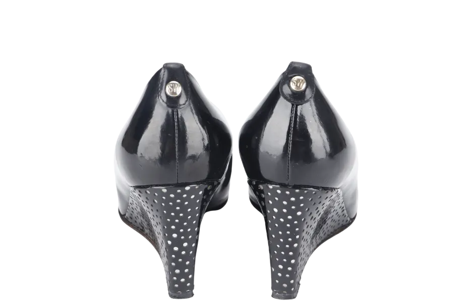 STUART WEITZMAN BLACK PATENTS OPEN TOE PUMPS PL63043 SIZE 41