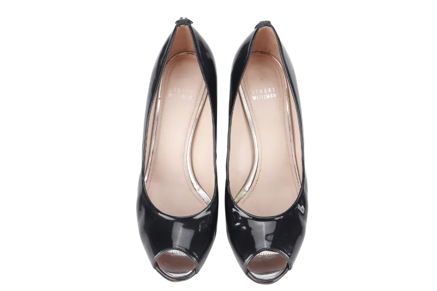 STUART WEITZMAN BLACK PATENTS OPEN TOE PUMPS PL63043 SIZE 41