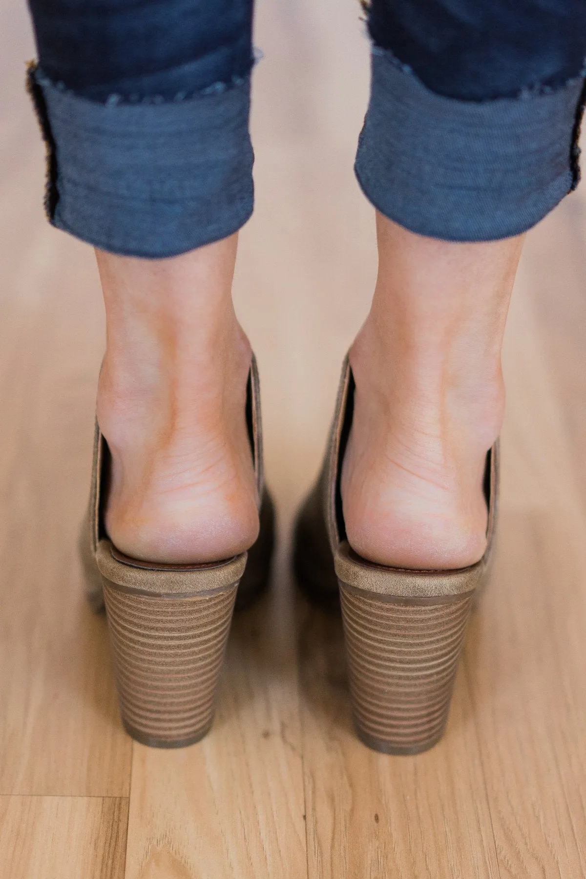Sugar Peppermint Open Toe Block Heels- Taupe