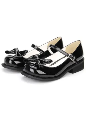 Sweet Lolita Shoes Black Bow Chunky Heel Round Toe Ankle Strap Mary Jane Shoes