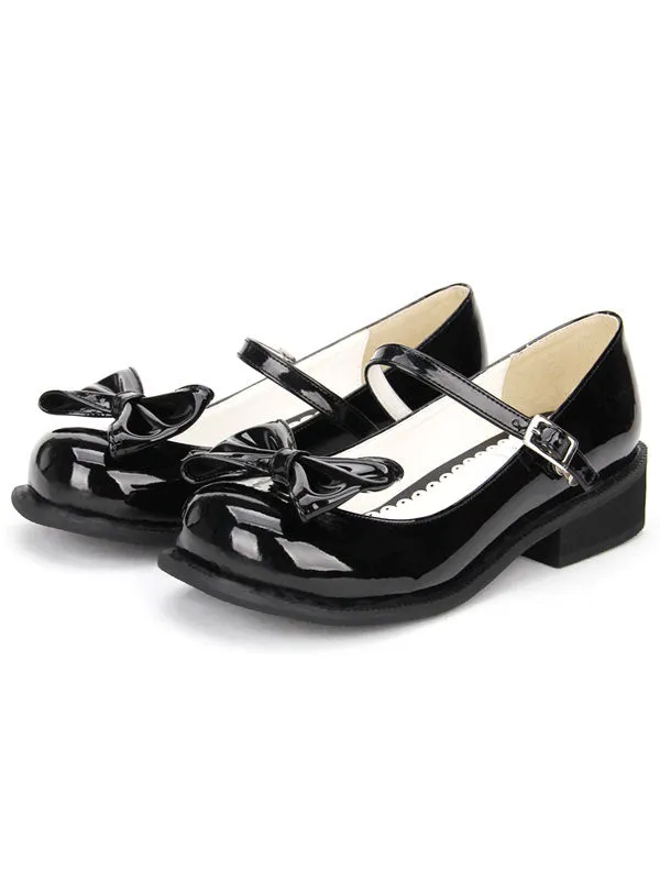 Sweet Lolita Shoes Black Bow Chunky Heel Round Toe Ankle Strap Mary Jane Shoes