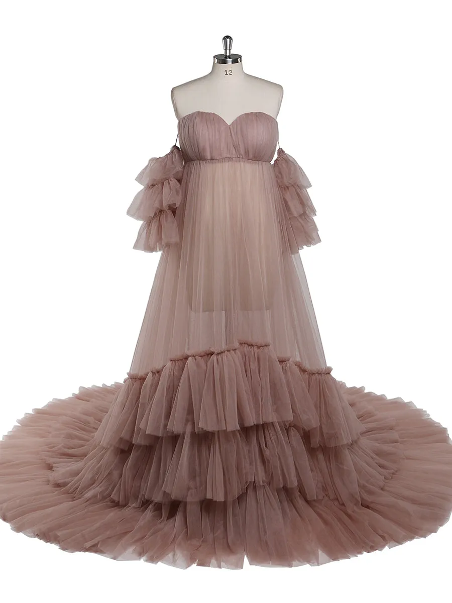 Sweetheart Neck Maternity Photoshoot Dress with Separate Sleeves Sheer Pregnancy Robe Maxi Woman Dress YD21818