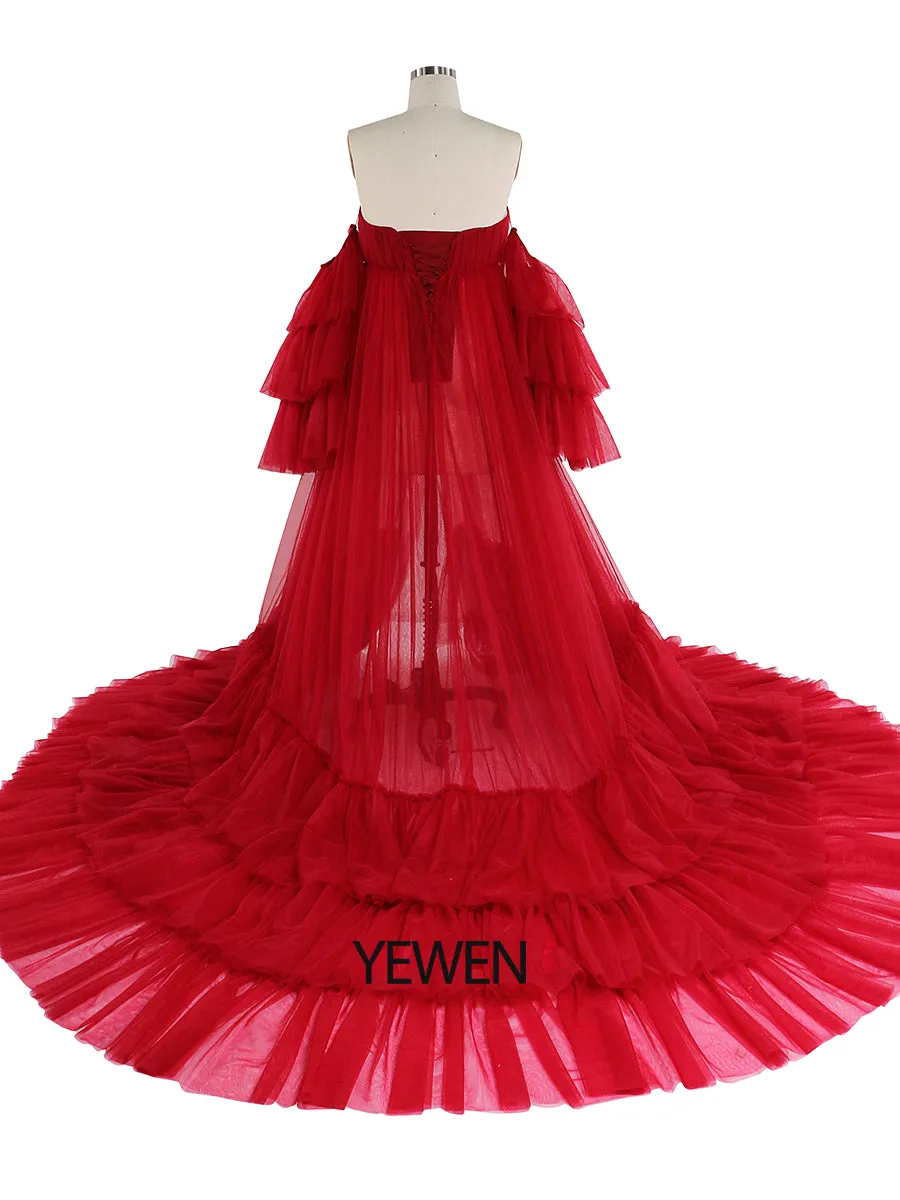 Sweetheart Neck Maternity Photoshoot Dress with Separate Sleeves Sheer Pregnancy Robe Maxi Woman Dress YD21818