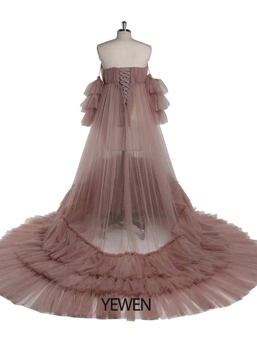 Sweetheart Neck Maternity Photoshoot Dress with Separate Sleeves Sheer Pregnancy Robe Maxi Woman Dress YD21818