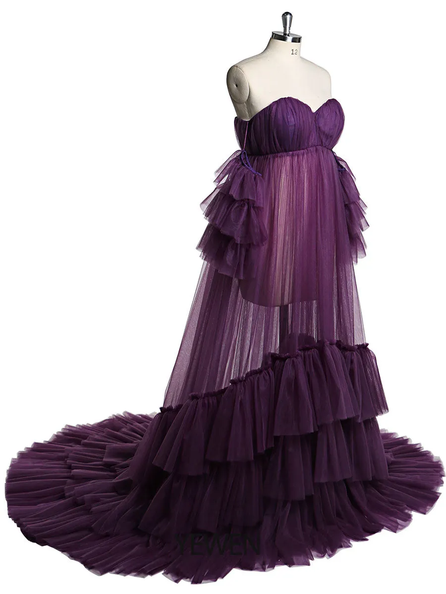 Sweetheart Neck Maternity Photoshoot Dress with Separate Sleeves Sheer Pregnancy Robe Maxi Woman Dress YD21818