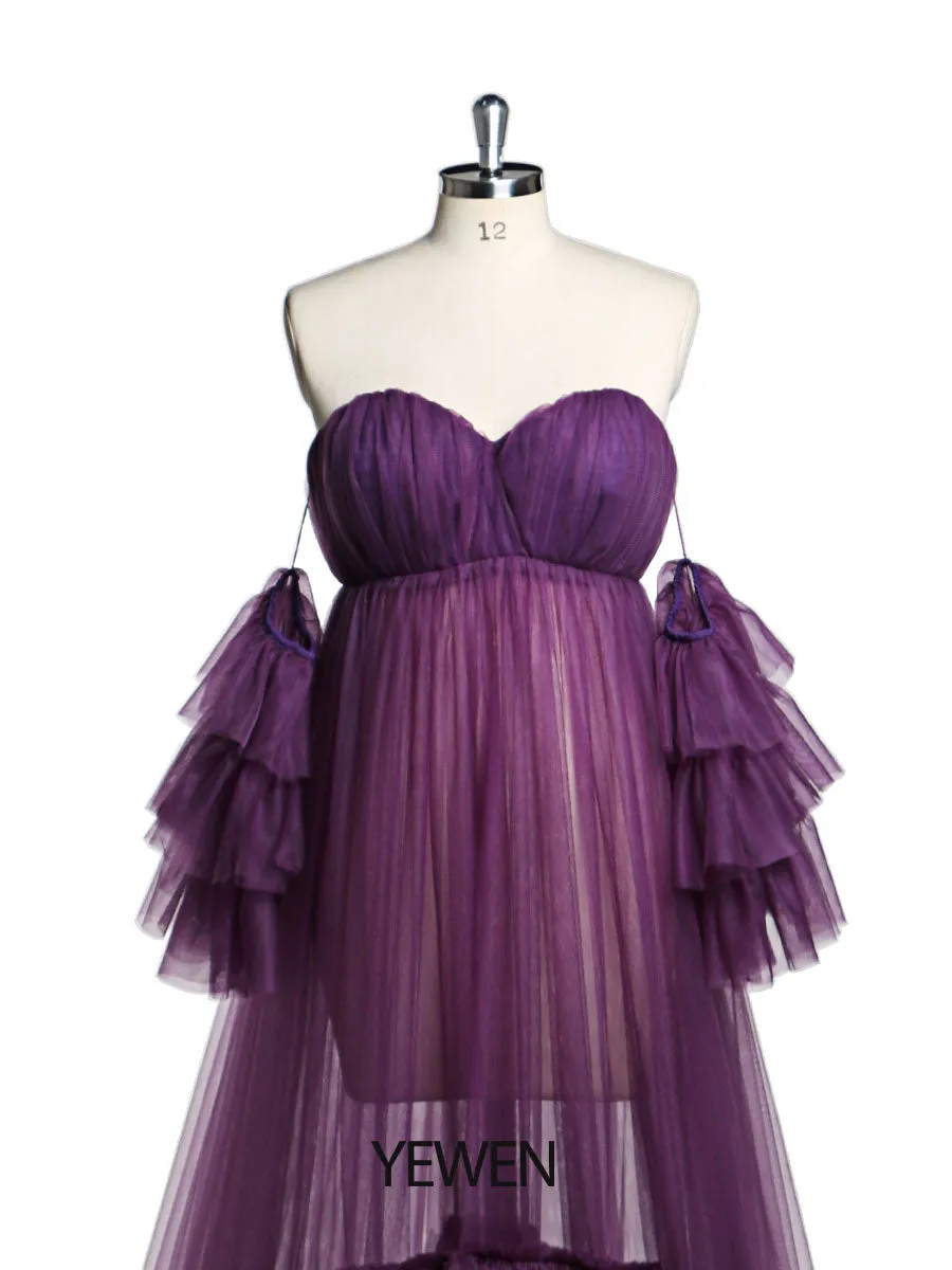 Sweetheart Neck Maternity Photoshoot Dress with Separate Sleeves Sheer Pregnancy Robe Maxi Woman Dress YD21818