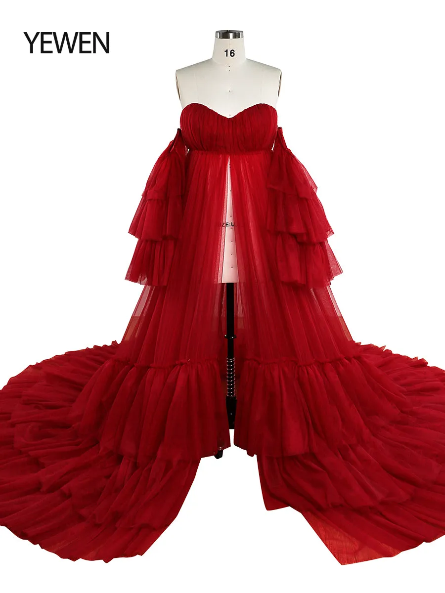 Sweetheart Neck Maternity Photoshoot Dress with Separate Sleeves Sheer Pregnancy Robe Maxi Woman Dress YD21818