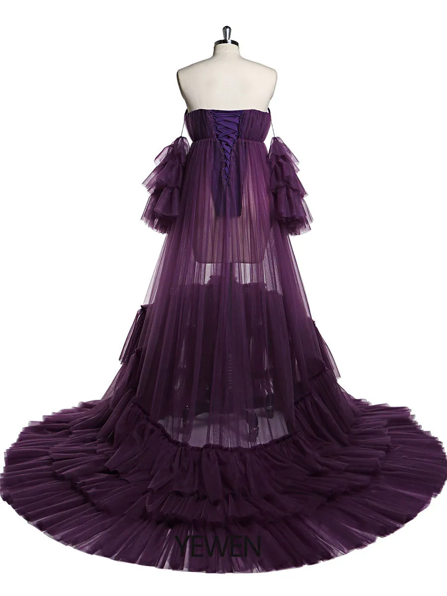 Sweetheart Neck Maternity Photoshoot Dress with Separate Sleeves Sheer Pregnancy Robe Maxi Woman Dress YD21818