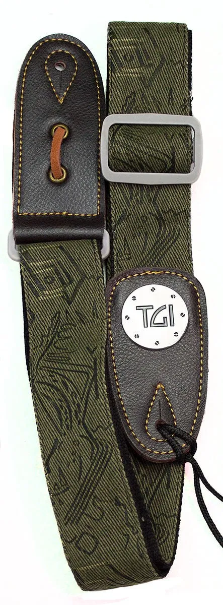 TGI Guitar  Woven Green Pattern Denim Grey Buckle