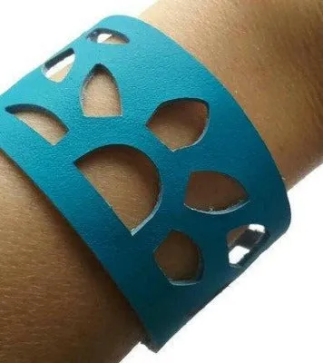 Turquoise Leather Wrist Band. Sunflowers Bracelet. Reclaimed Leather Cuff Bracelet