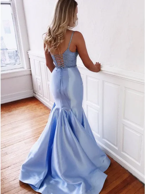 Two Piece Mermaid Spaghetti Straps Lace Up Lavender Long Satin Prom Dress with Beading OHC584