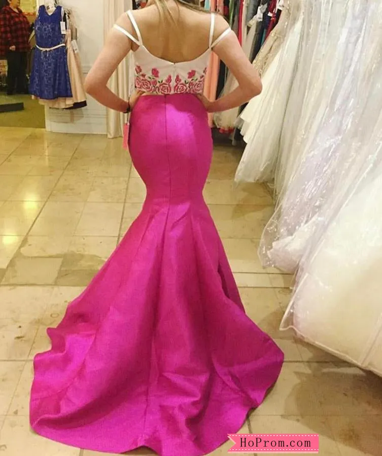 Two Piece Spaghetti Strap Mermaid Purple Prom Dress with Floral Appliques