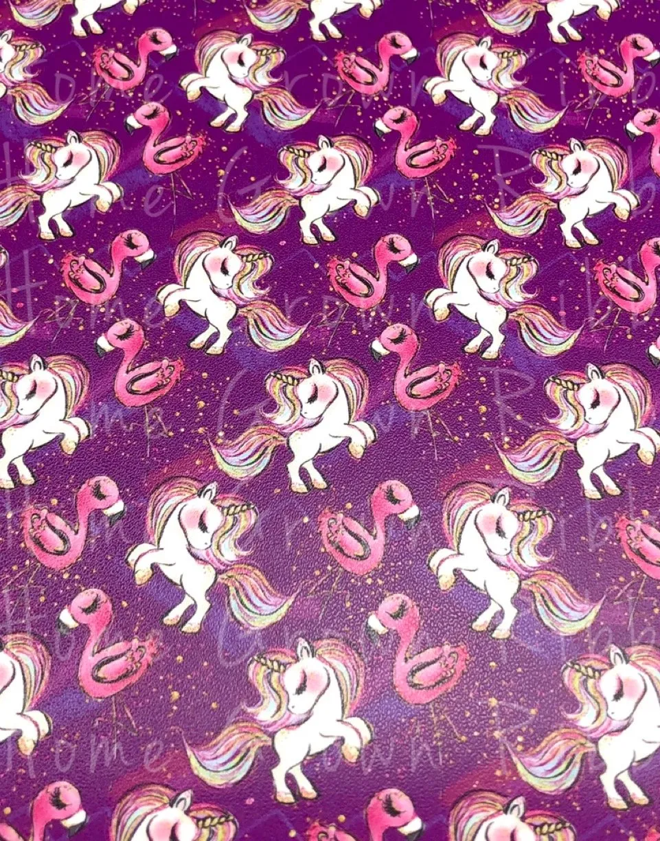 Unicorns and Flamingos on Purple Faux Leather Sheet USDR