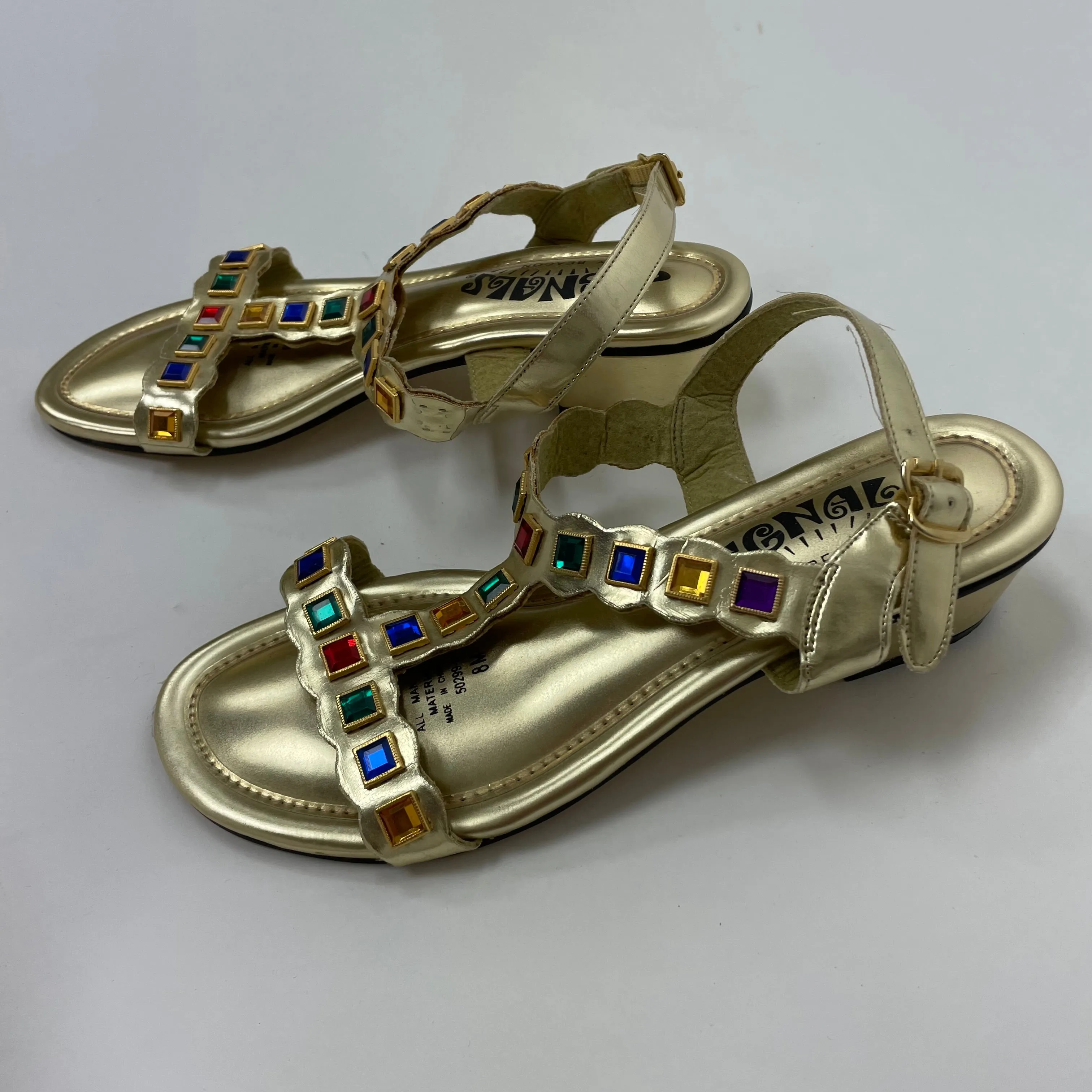 Vintage 60s Signals metallic gold sandals with faux stone embellishments // size 8
