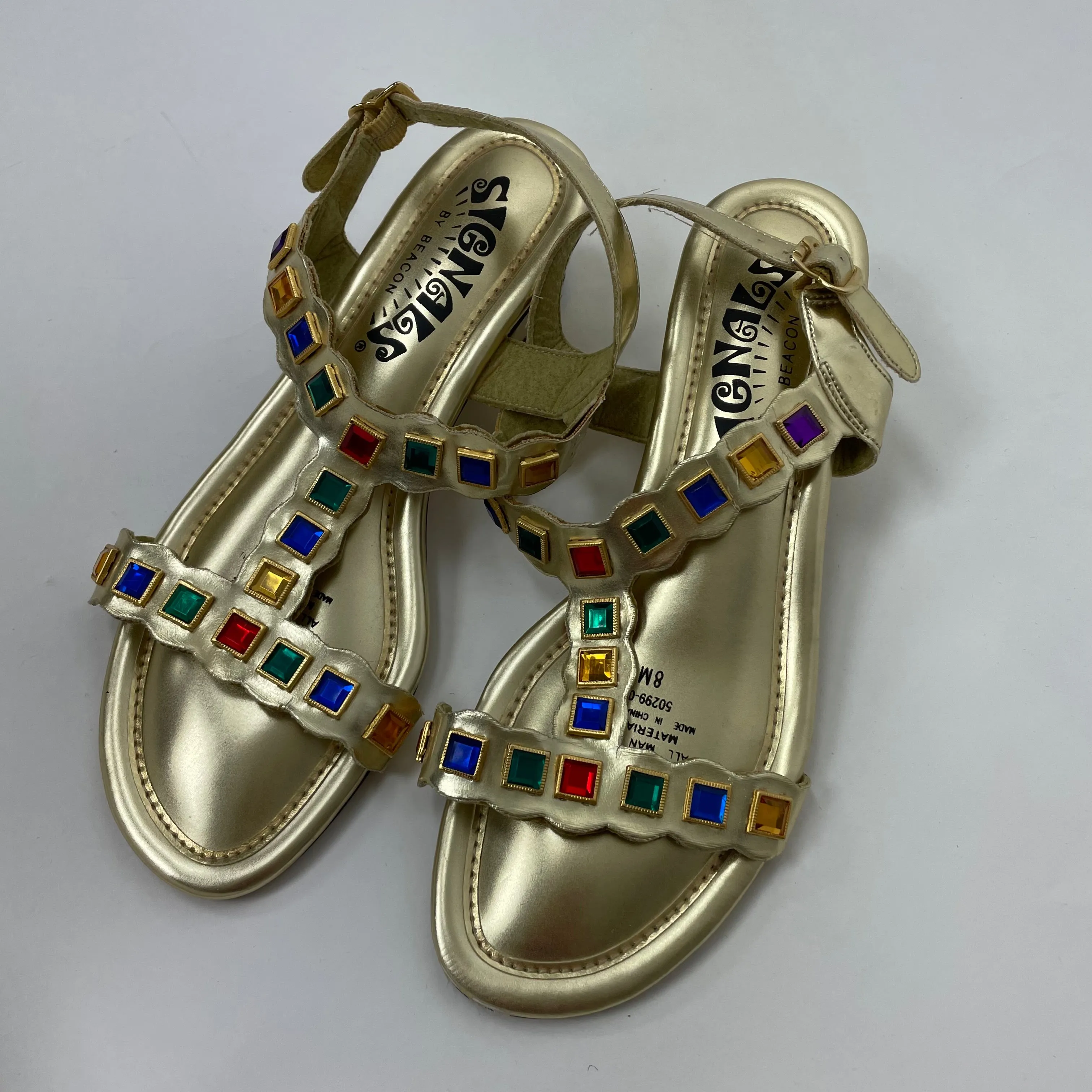 Vintage 60s Signals metallic gold sandals with faux stone embellishments // size 8