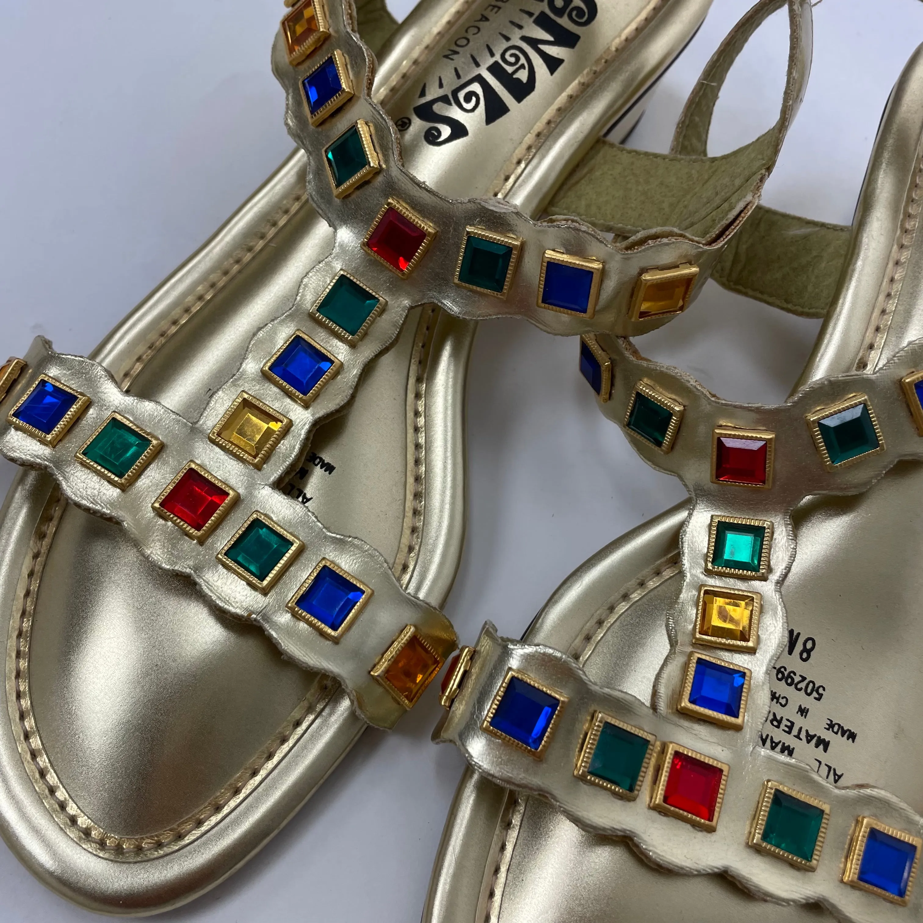 Vintage 60s Signals metallic gold sandals with faux stone embellishments // size 8