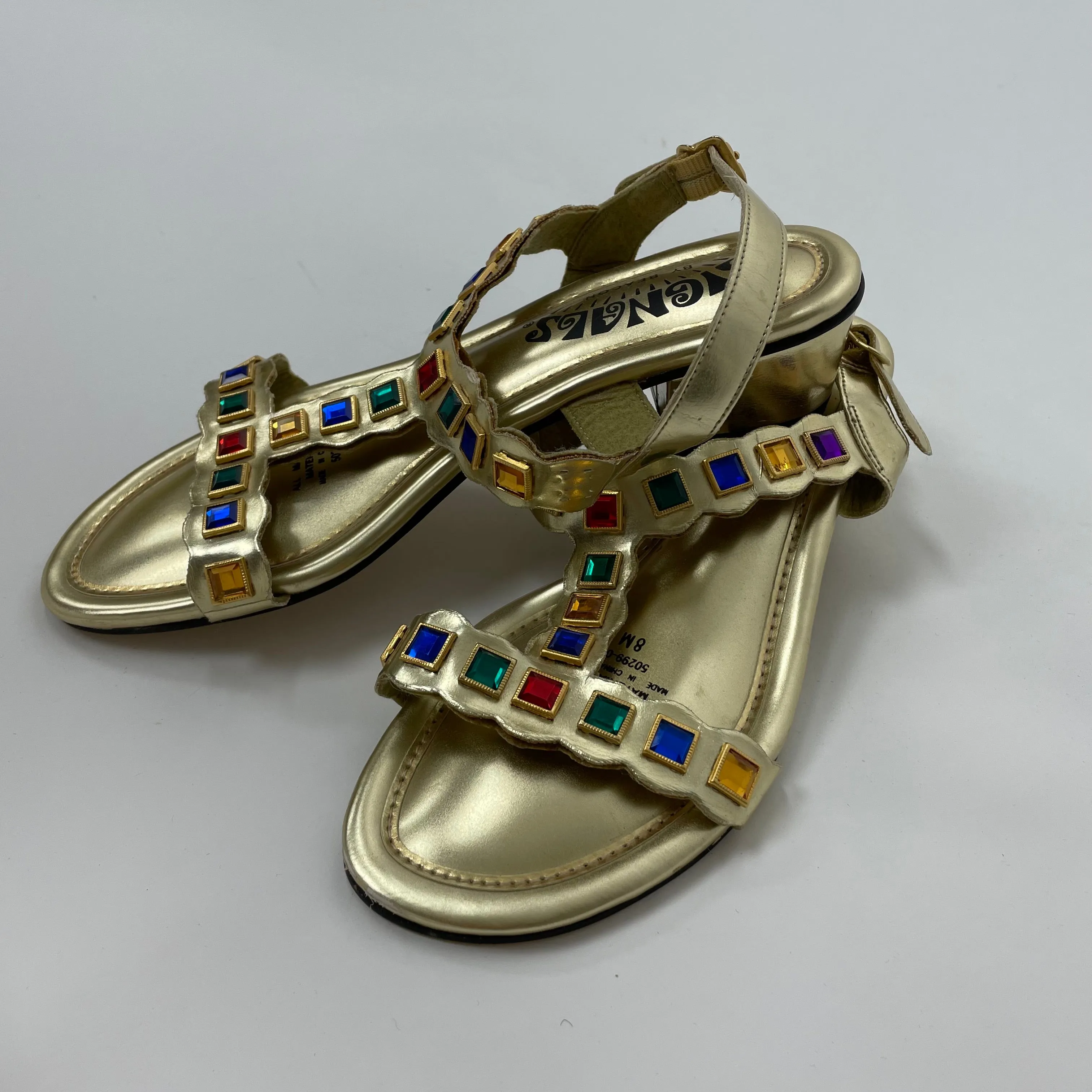 Vintage 60s Signals metallic gold sandals with faux stone embellishments // size 8
