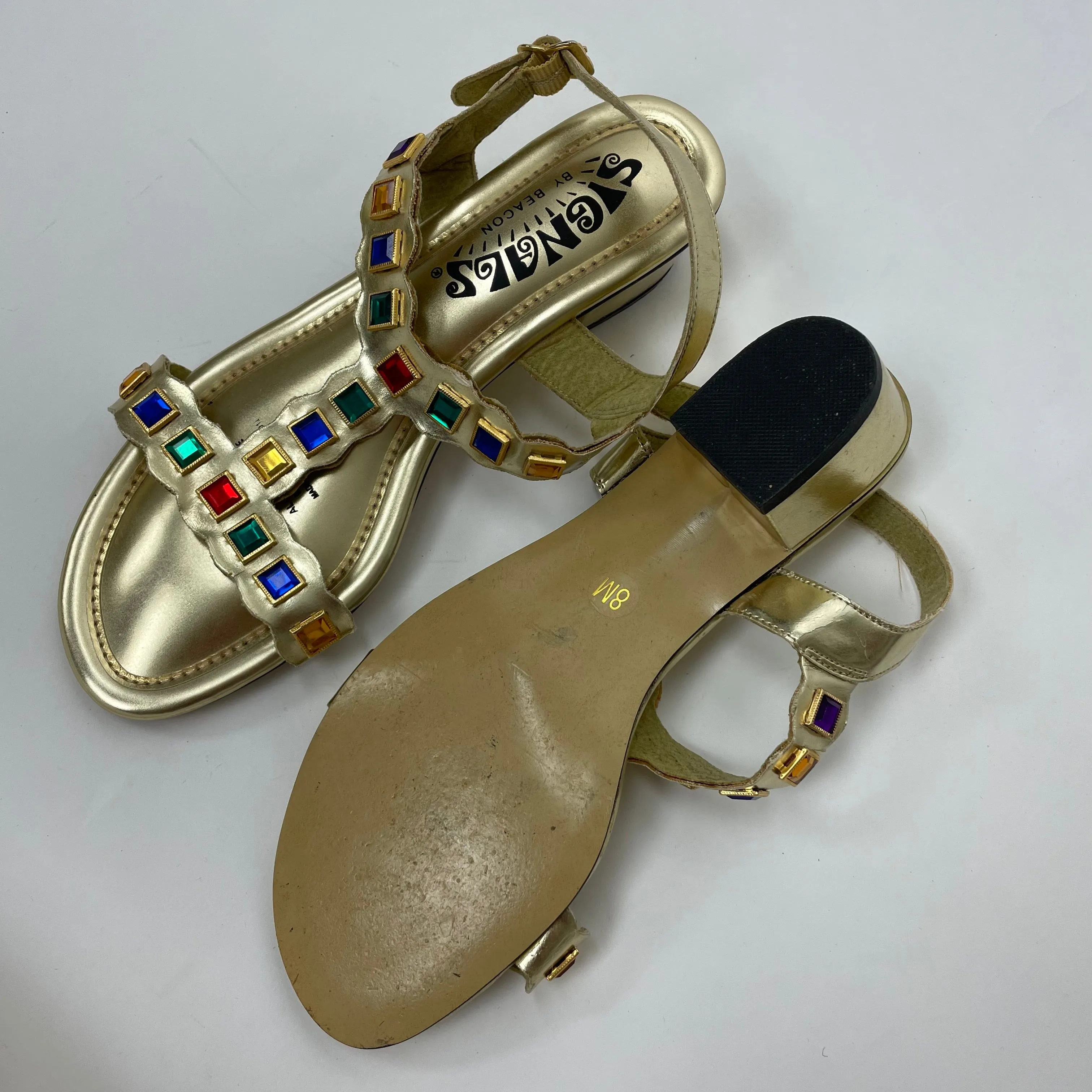 Vintage 60s Signals metallic gold sandals with faux stone embellishments // size 8