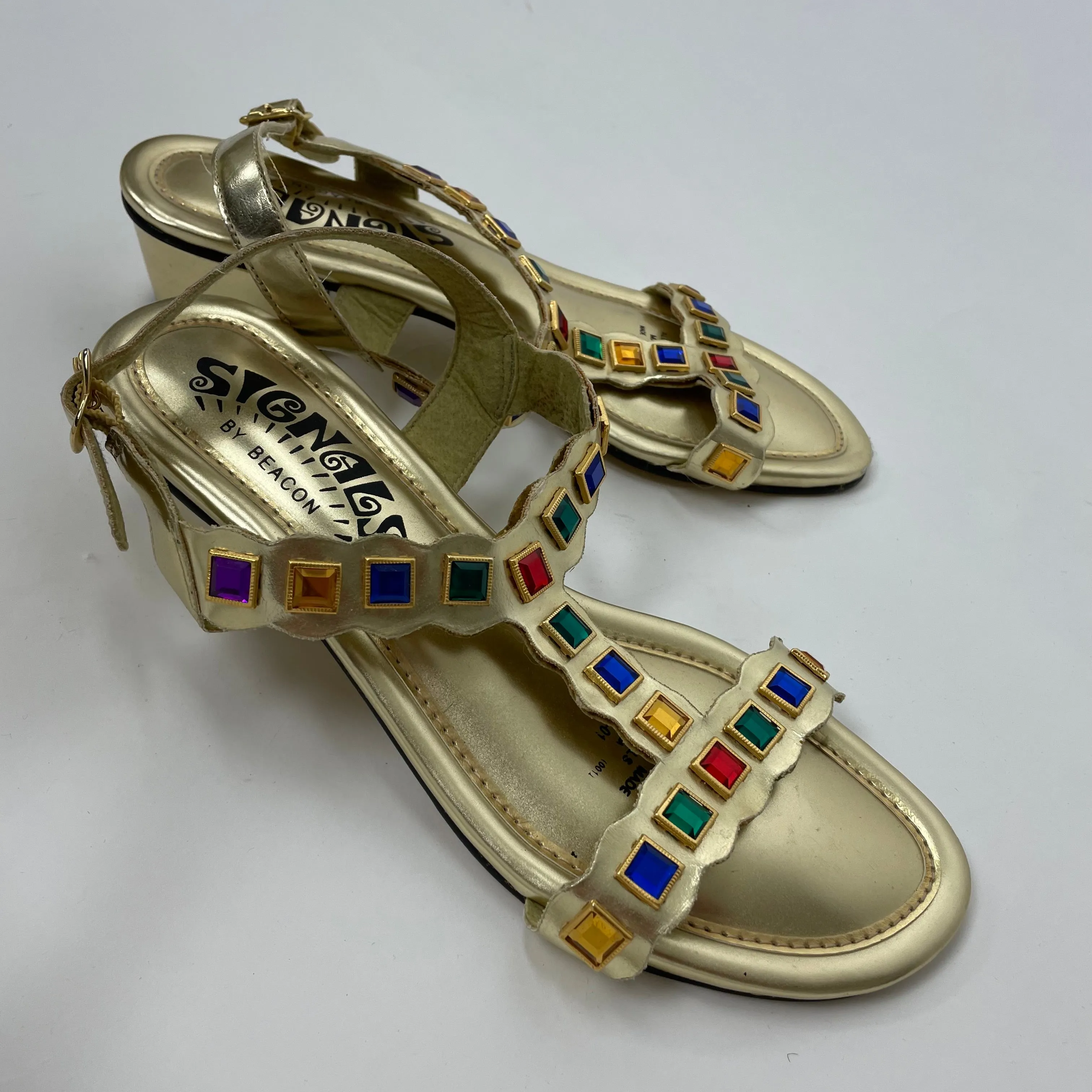 Vintage 60s Signals metallic gold sandals with faux stone embellishments // size 8