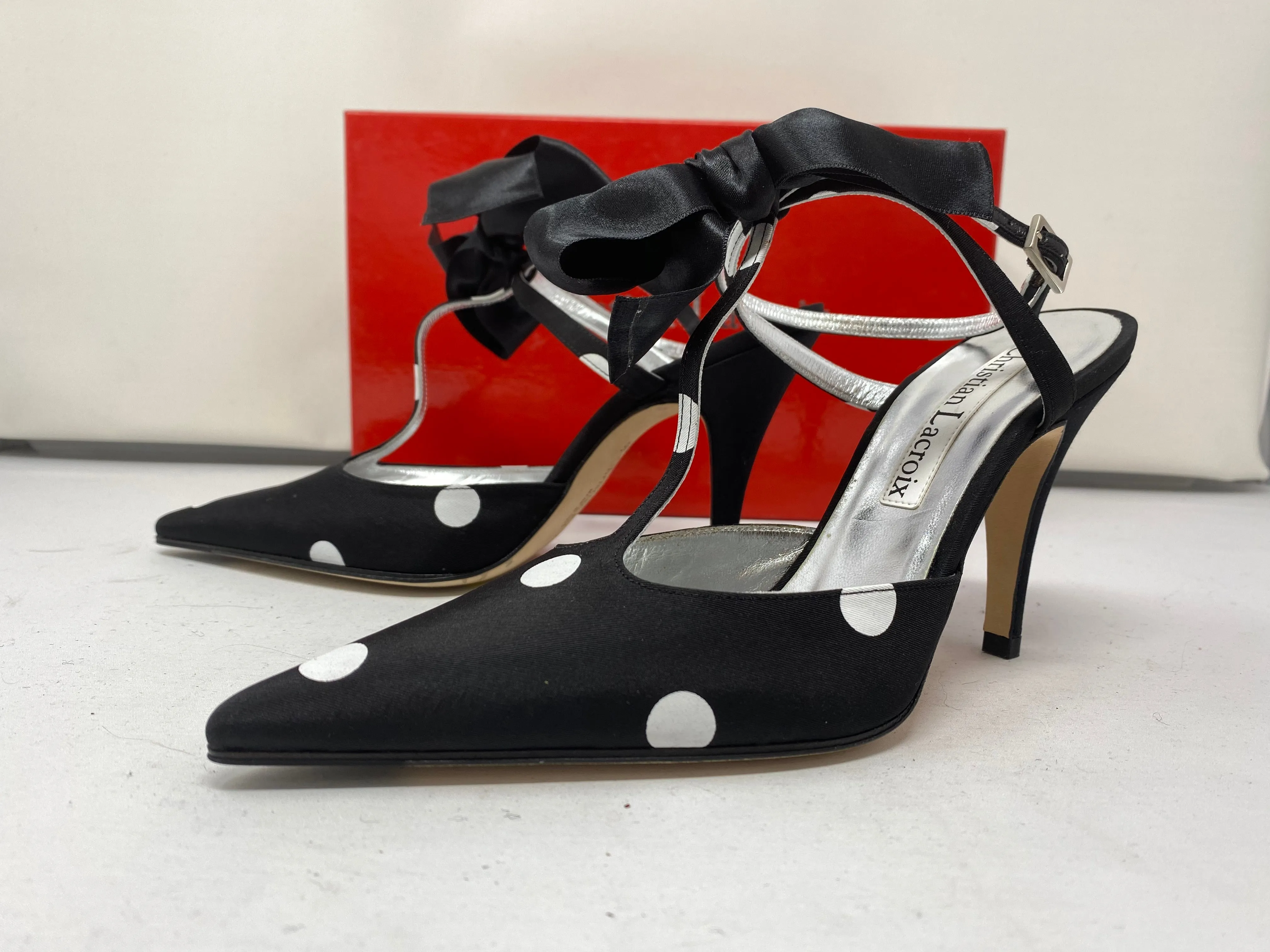 Vintage: Christian Lacroix Black and White Polka Dot Heel with a Bow