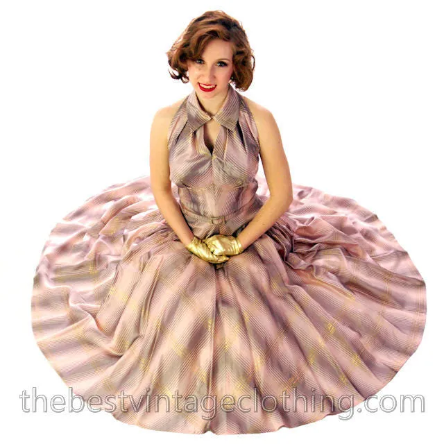 Vintage Halter Party Gown Pink Gold Metallic Silk Circle Skirt 1950s 34-26-Free