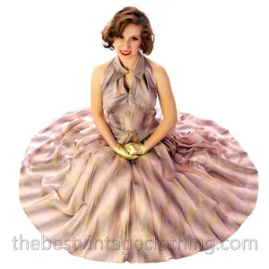 Vintage Halter Party Gown Pink Gold Metallic Silk Circle Skirt 1950s 34-26-Free