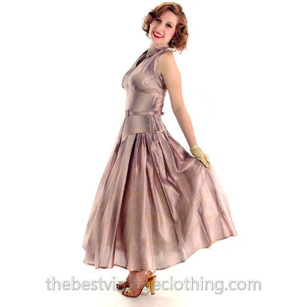 Vintage Halter Party Gown Pink Gold Metallic Silk Circle Skirt 1950s 34-26-Free