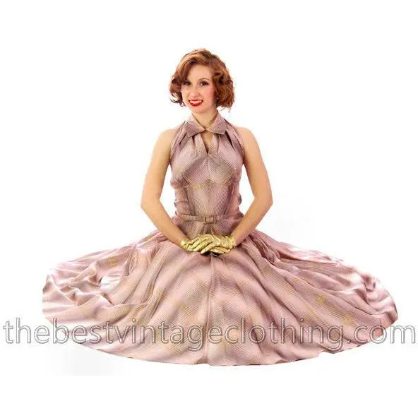 Vintage Halter Party Gown Pink Gold Metallic Silk Circle Skirt 1950s 34-26-Free
