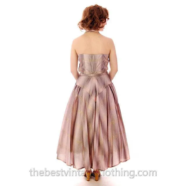 Vintage Halter Party Gown Pink Gold Metallic Silk Circle Skirt 1950s 34-26-Free