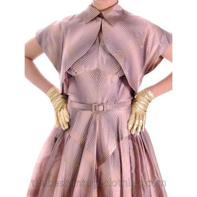Vintage Halter Party Gown Pink Gold Metallic Silk Circle Skirt 1950s 34-26-Free