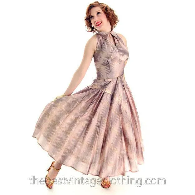 Vintage Halter Party Gown Pink Gold Metallic Silk Circle Skirt 1950s 34-26-Free