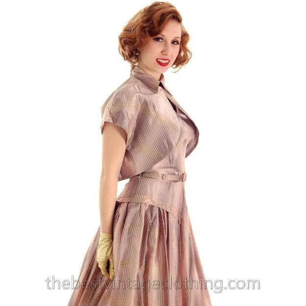 Vintage Halter Party Gown Pink Gold Metallic Silk Circle Skirt 1950s 34-26-Free