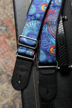 Vintage Jacquard Weave Premium Guitar Strap Cotton/Leather - Blue/Orange/Red