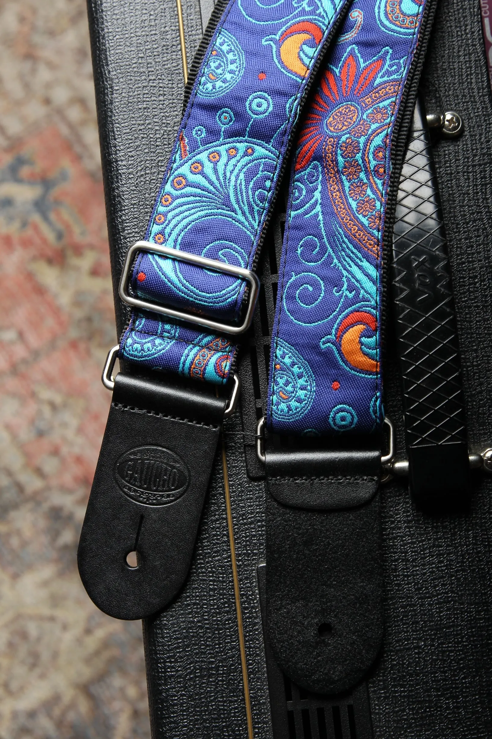 Vintage Jacquard Weave Premium Guitar Strap Cotton/Leather - Blue/Orange/Red