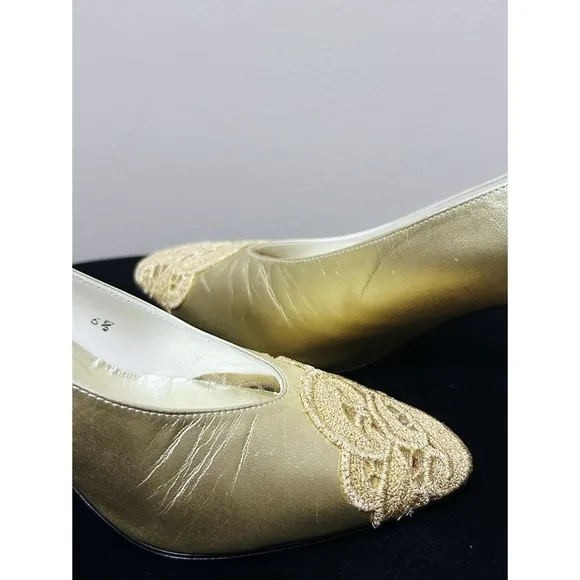 Vintage Stuart Weitzman Gold Leather Heels with Lace Detail