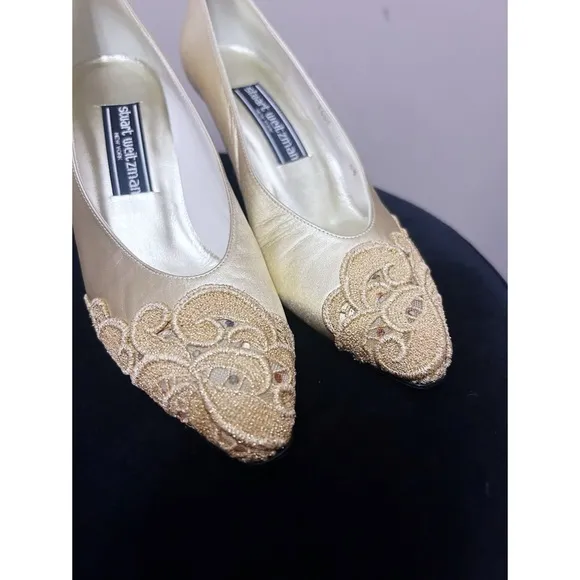 Vintage Stuart Weitzman Gold Leather Heels with Lace Detail