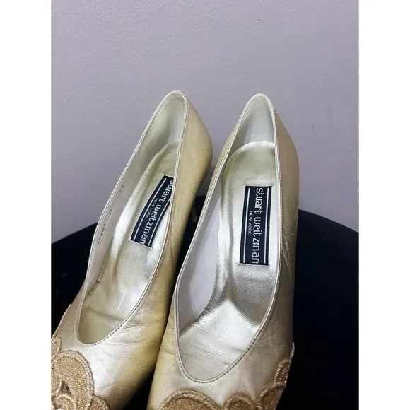 Vintage Stuart Weitzman Gold Leather Heels with Lace Detail