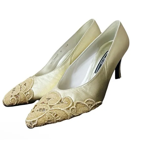 Vintage Stuart Weitzman Gold Leather Heels with Lace Detail
