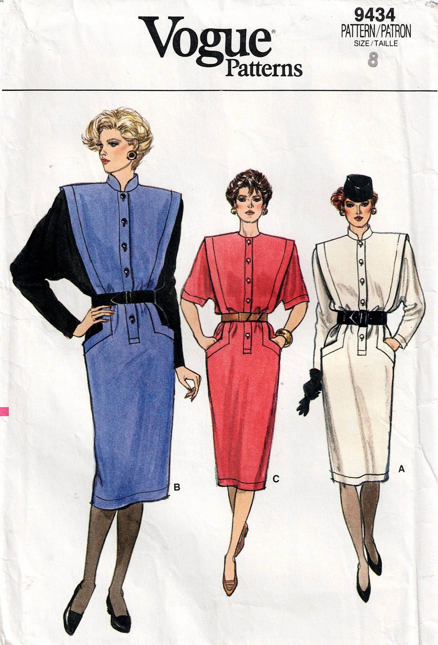 Vogue 9434 Womens Wedge Shaped Colour Block Dress with Pockets 1980s Vintage Sewing Pattern Size 8 Bust 31.5 inches
