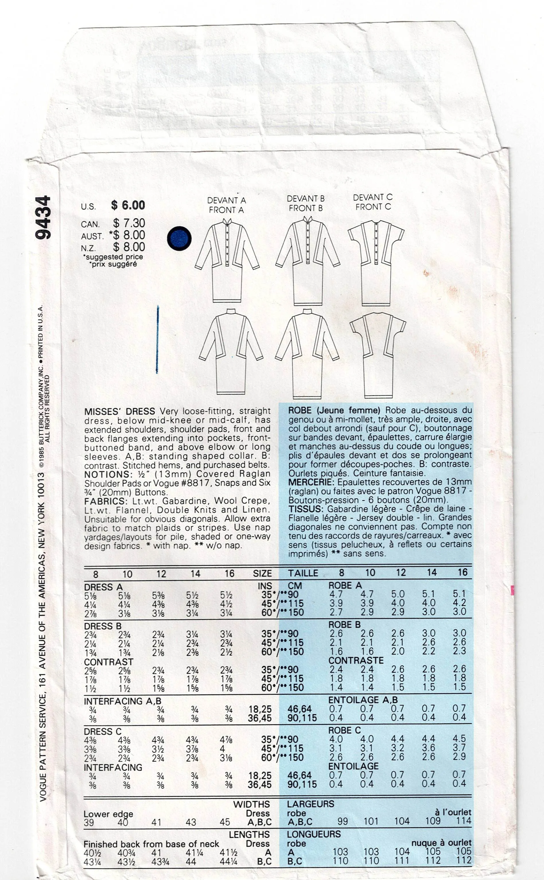 Vogue 9434 Womens Wedge Shaped Colour Block Dress with Pockets 1980s Vintage Sewing Pattern Size 8 Bust 31.5 inches