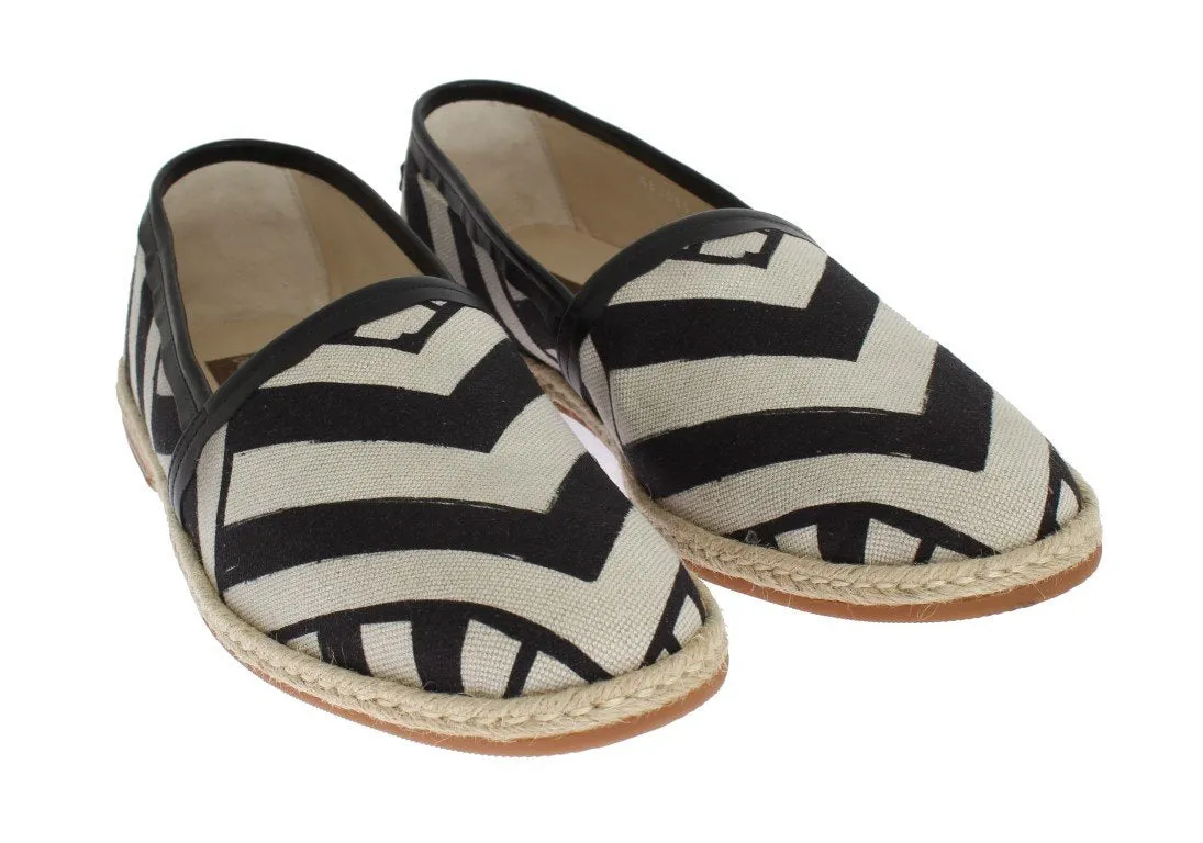 White Black Linen Striped Logo Loafers