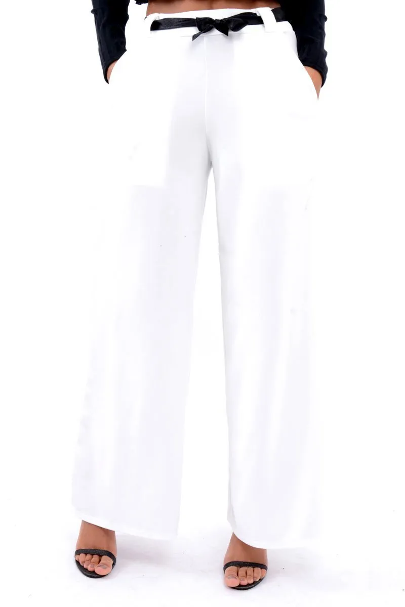 White High Waist Flare Trousers with Black Sash Belt - Lila