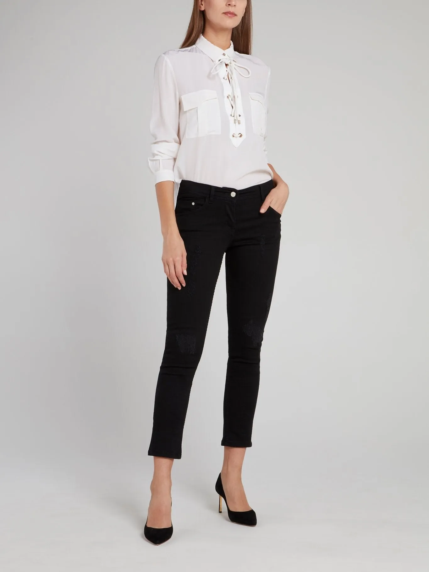 White Lace Up Long Sleeve Top
