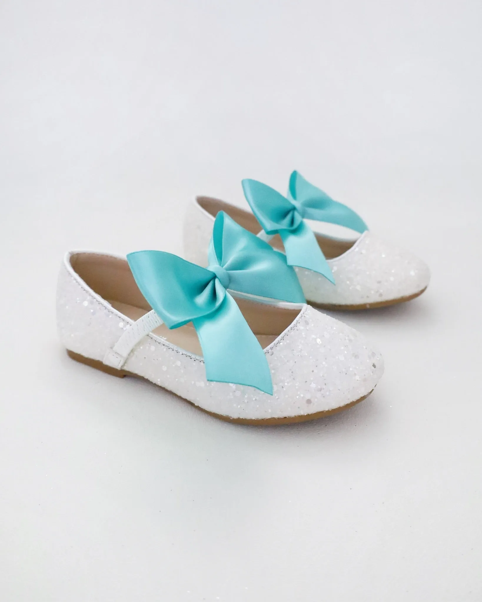 White Rock Glitter Mary Jane with Aqua Blue Or Teal Satin Bow