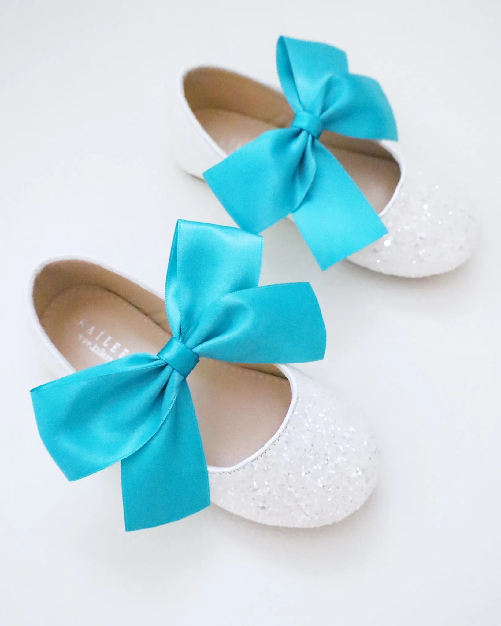 White Rock Glitter Mary Jane with Aqua Blue Or Teal Satin Bow