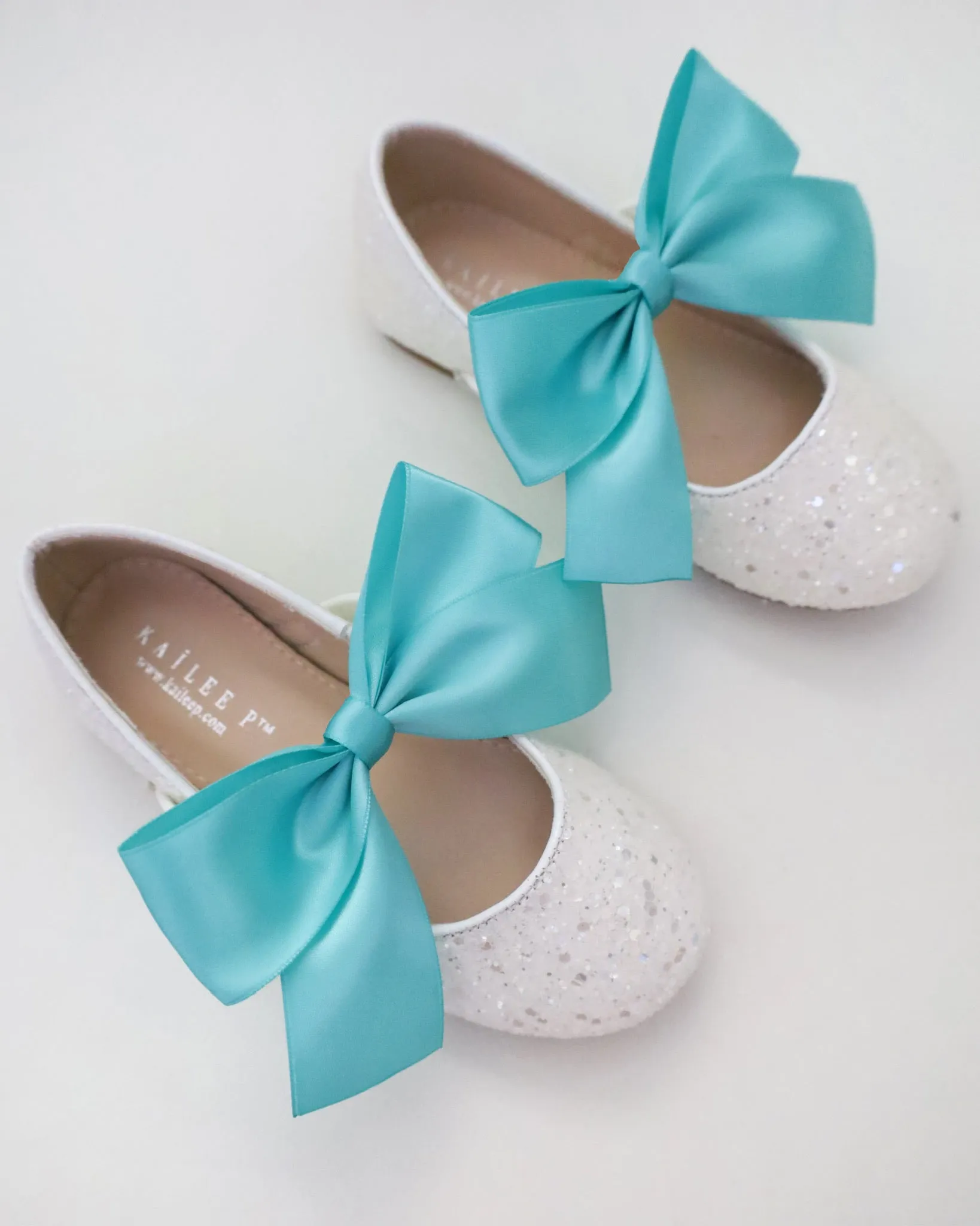 White Rock Glitter Mary Jane with Aqua Blue Or Teal Satin Bow