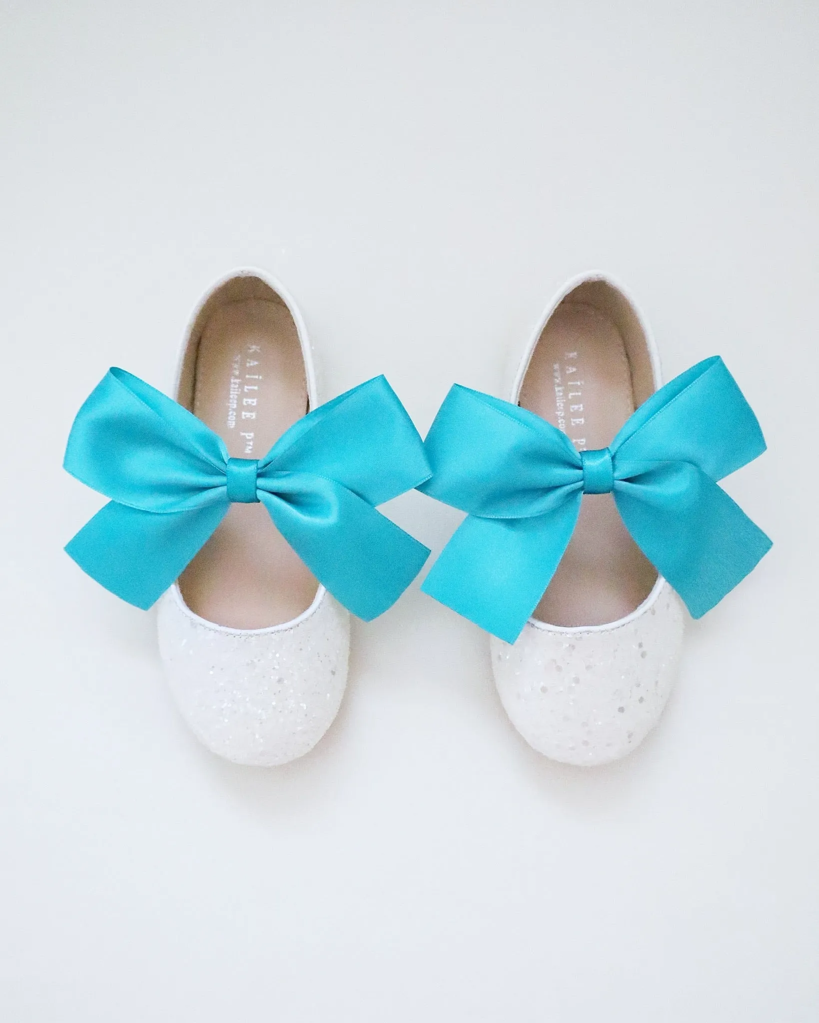 White Rock Glitter Mary Jane with Aqua Blue Or Teal Satin Bow