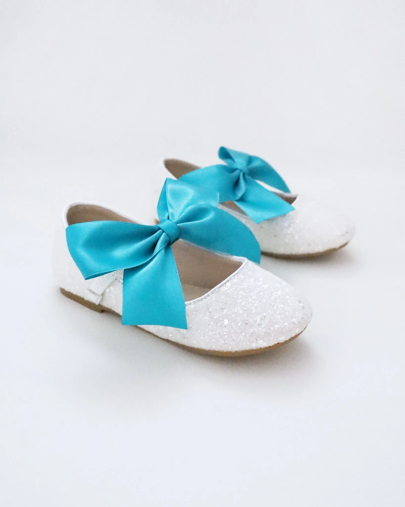 White Rock Glitter Mary Jane with Aqua Blue Or Teal Satin Bow