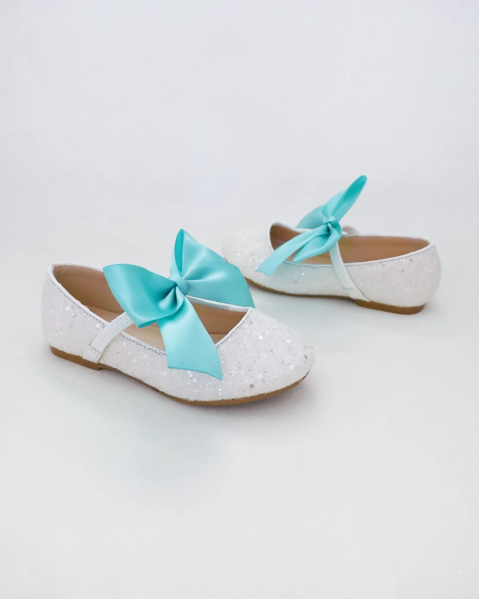 White Rock Glitter Mary Jane with Aqua Blue Or Teal Satin Bow