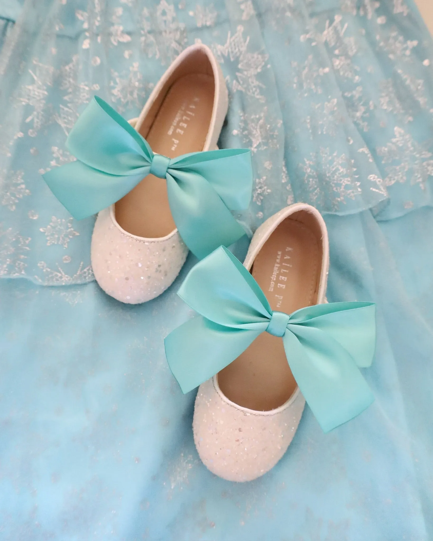 White Rock Glitter Mary Jane with Aqua Blue Or Teal Satin Bow